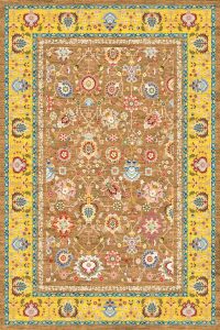 فرش کالتکس ۱۲۰۰ شانه طرح  آورگل قهوه‌ای حاشیه زرد