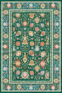 فرش کالتکس ۱۲۰۰ شانه طرح  آورگل سبز سیر حاشیه آبی